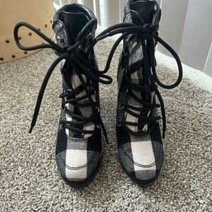 DKNY Plaid Lace-Up Boots in Black and White
